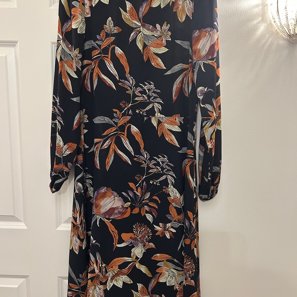 Black Floral Long Sleeve Midi Dress in Rust and Cream